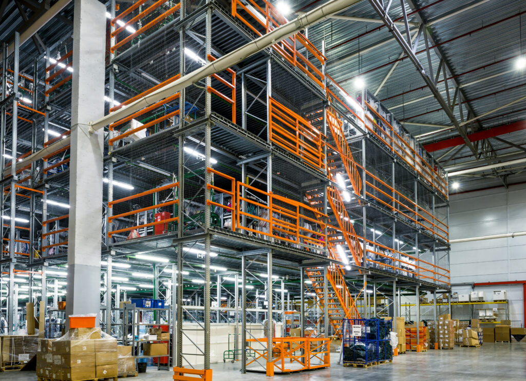 Mezzanine,In,Modern,Warehouse,,Inside,View,Of,Steel,Racks,Of