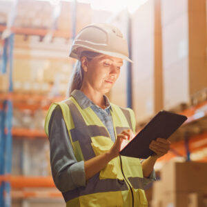 Professional,Female,Worker,Wearing,Hard,Hat,Checks,Stock,And,Inventory