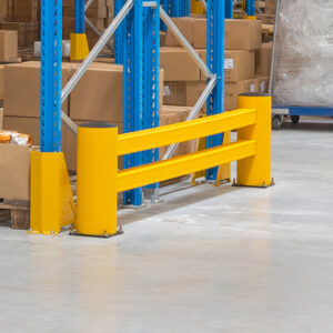 Warehouse pallet rack protectors with OSHA yellow guardrails for rack safety