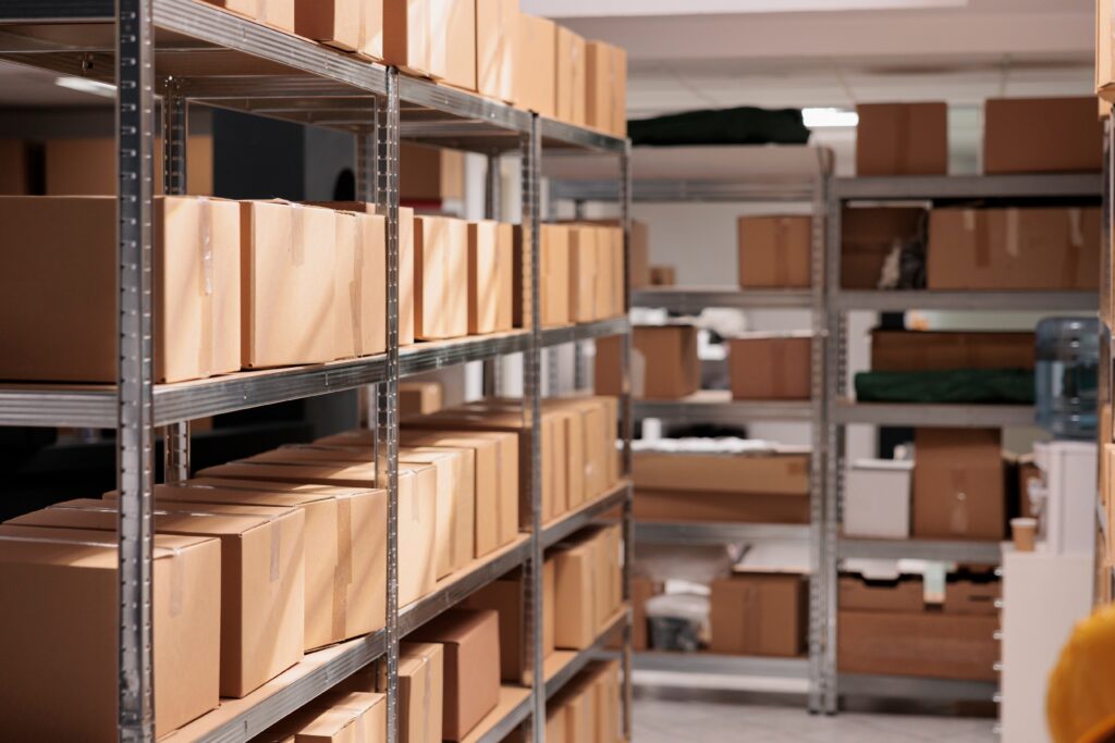 Goods,Packages,Lying,On,Storehouse,Racks,,Waiting,For,Transportration,In