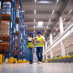 Warehouse workers working together on organizing goods distribution to the market.